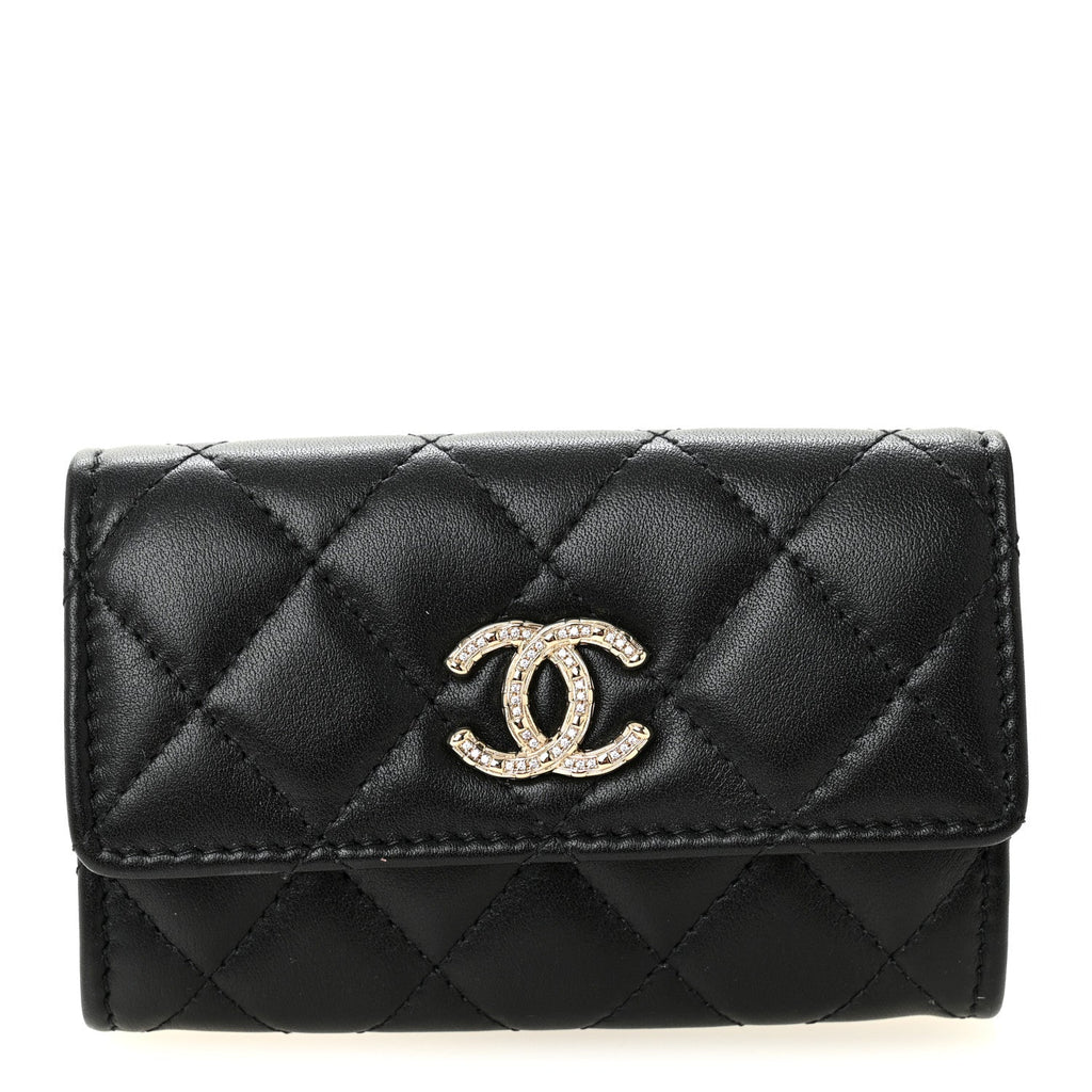 Chanel Shiny Lambskin Quilted Textured CC Card Holder Black