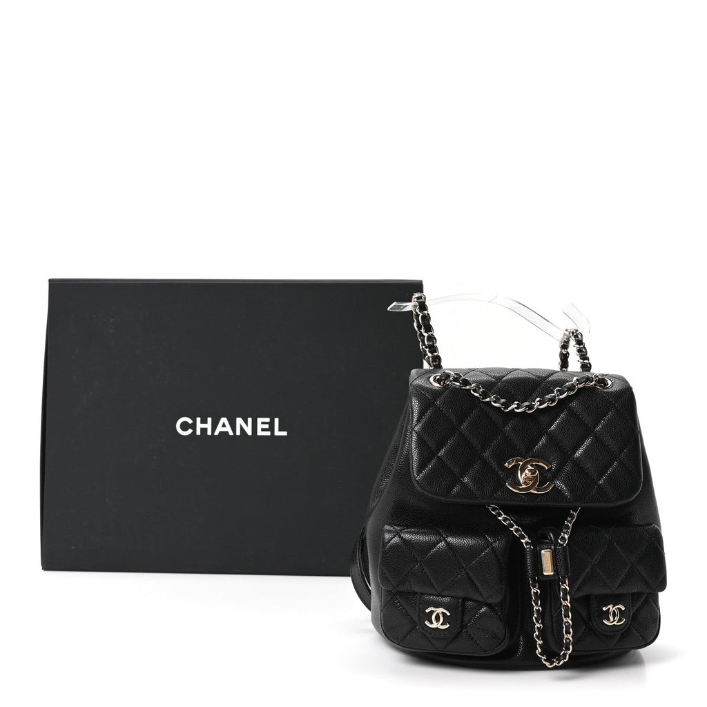 Chanel Shiny Caviar Quilted Medium Duma Pockets Drawstring Backpack Black