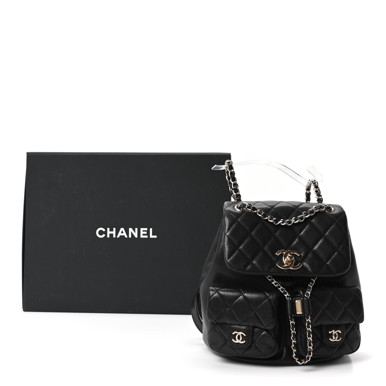 Chanel Shiny Caviar Quilted Medium Duma Pockets Drawstring Backpack Black