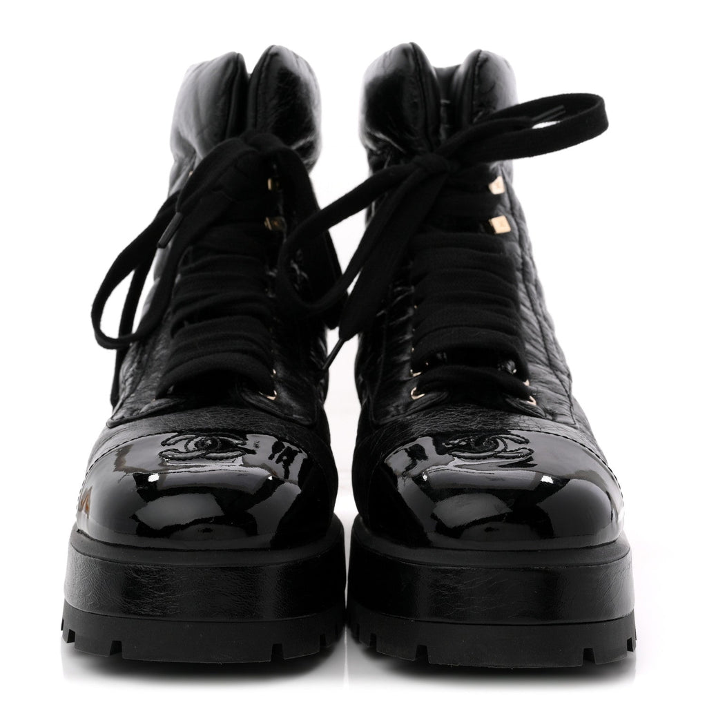 Crumpled Patent Lambskin Calfskin Quilted Lace Up Combat Boots 41.5 Black