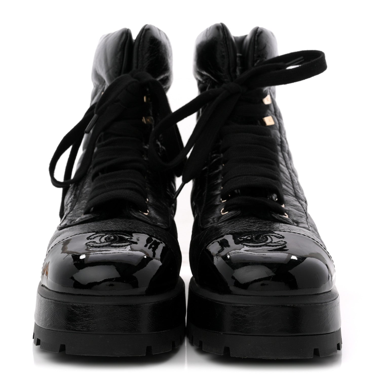 Crumpled Patent Lambskin Calfskin Quilted Lace Up Combat Boots 41.5 Black