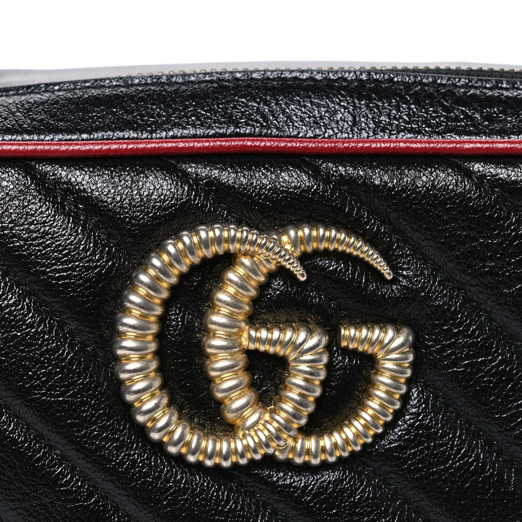 Gucci Vintage Effect Calfskin Matelasse Diagonal Small Torchon GG Marmont Bamboo Top Handle Shoulder Bag Black Romantic Cherry