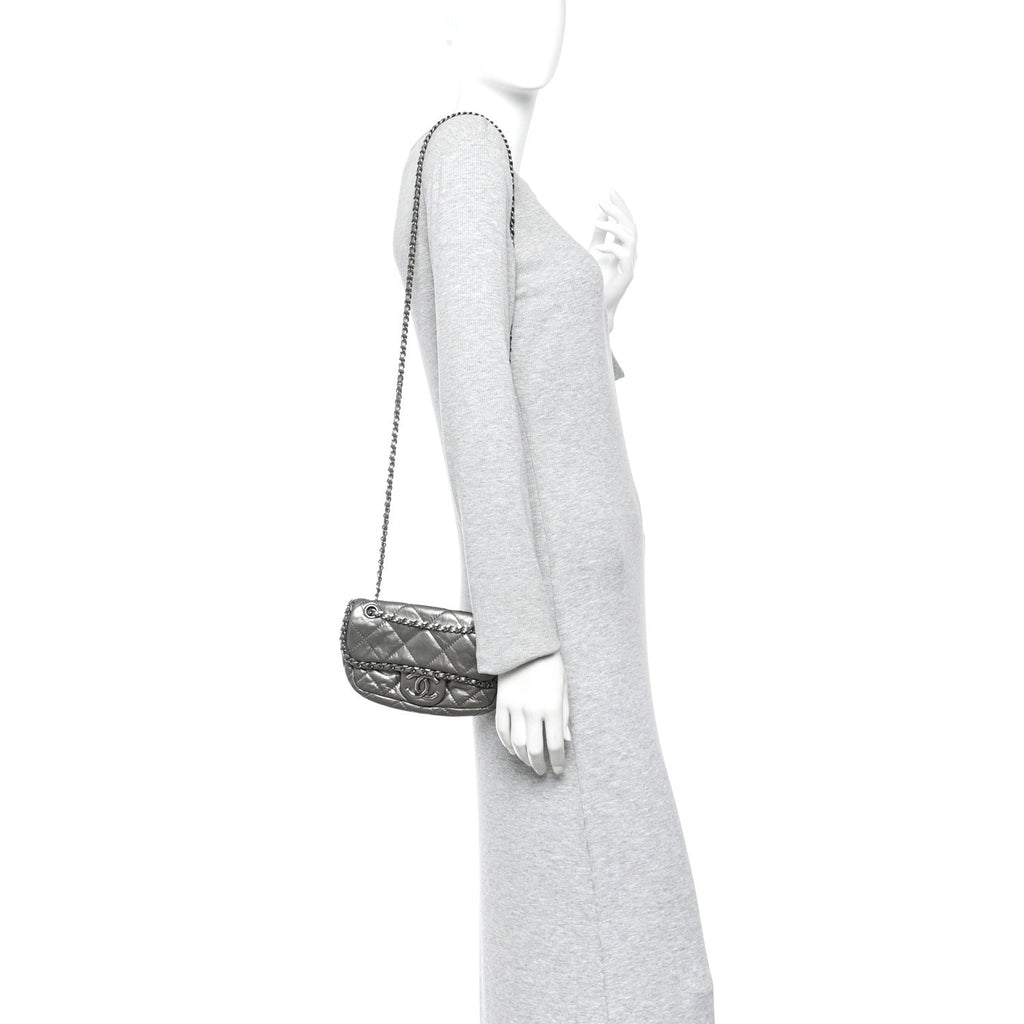 Chanel Metallic Aged Calfskin Mini Chain Me Flap Pewter