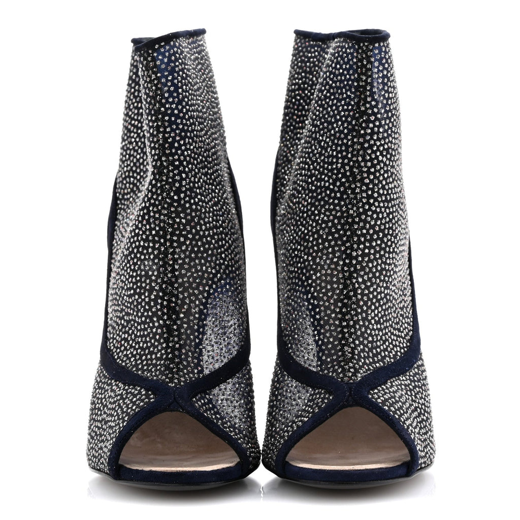 Mesh Crystal Open Toe Ankle Boots 40 Navy