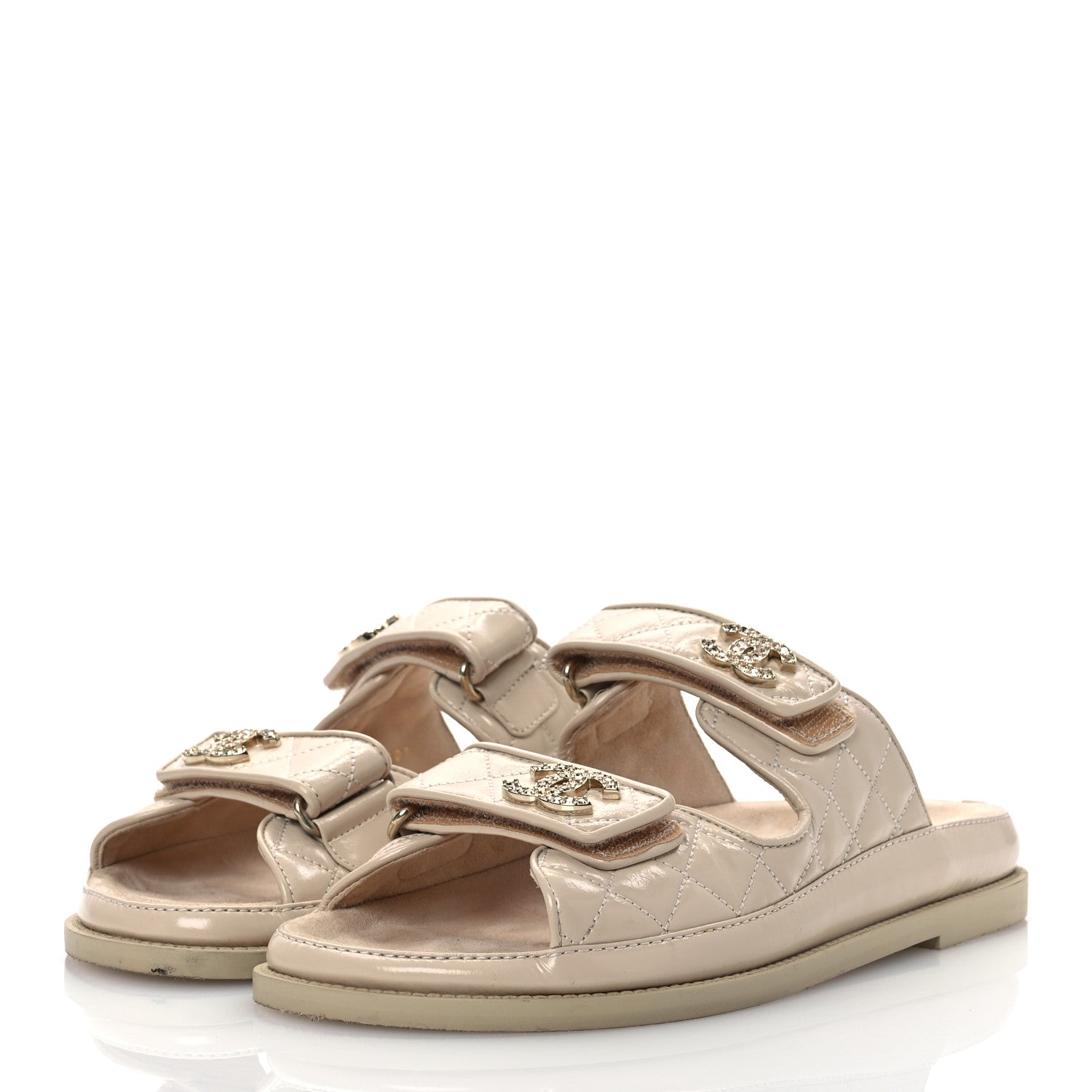 Chanel Shiny Calfskin Crystal Quilted Velcro Dad CC Slide Sandals 38 Light Beige