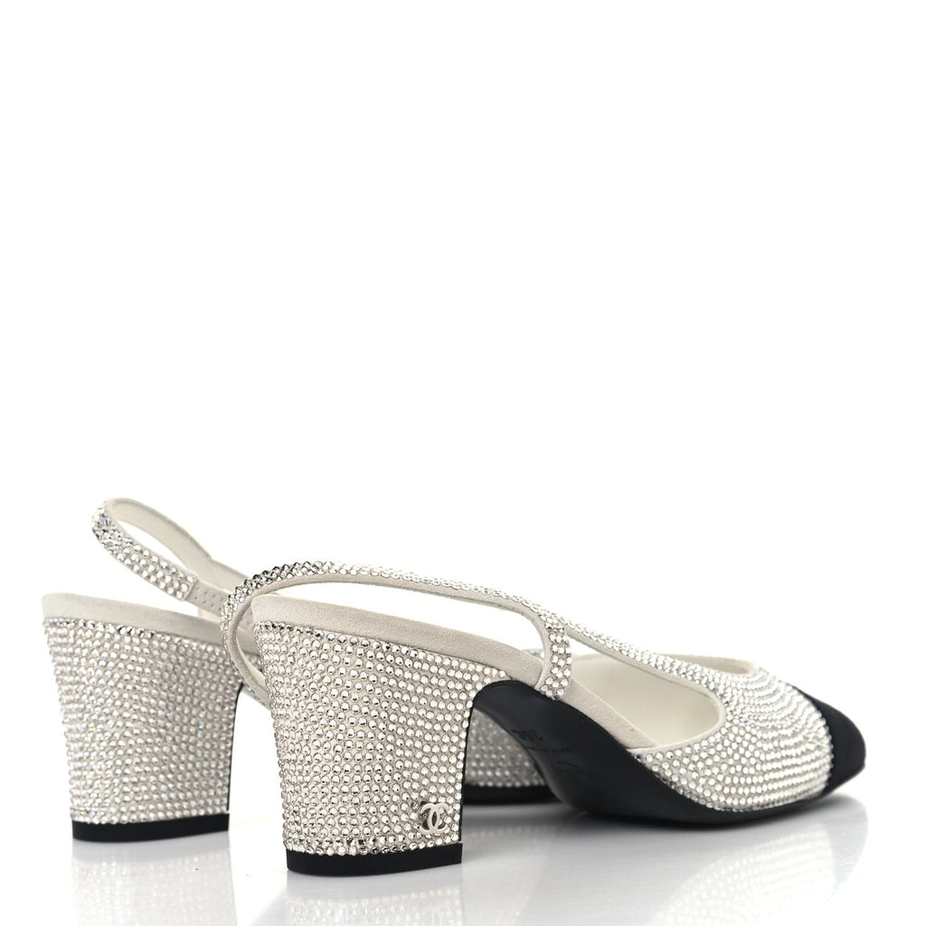 Chanel Strass Grosgrain Cap Toe CC Slingback Pumps 36 Silver Black