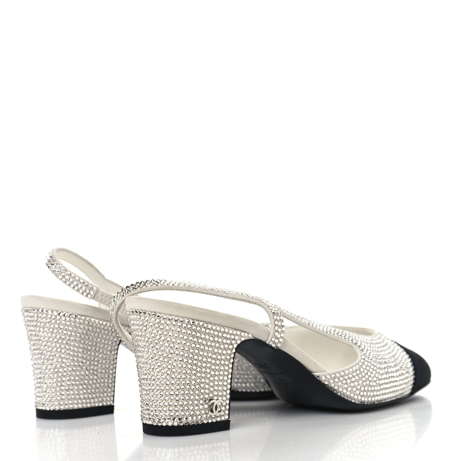 Chanel Strass Grosgrain Cap Toe CC Slingback Pumps 36 Silver Black