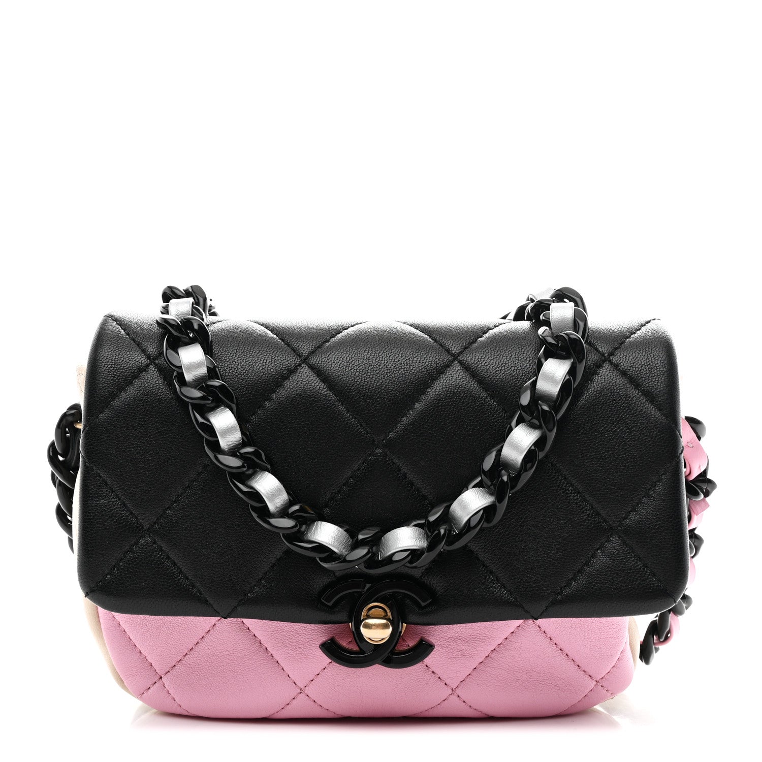 Chanel Lambskin Quilted Mini Lacquered Chain Flap Black Pink Beige Silver