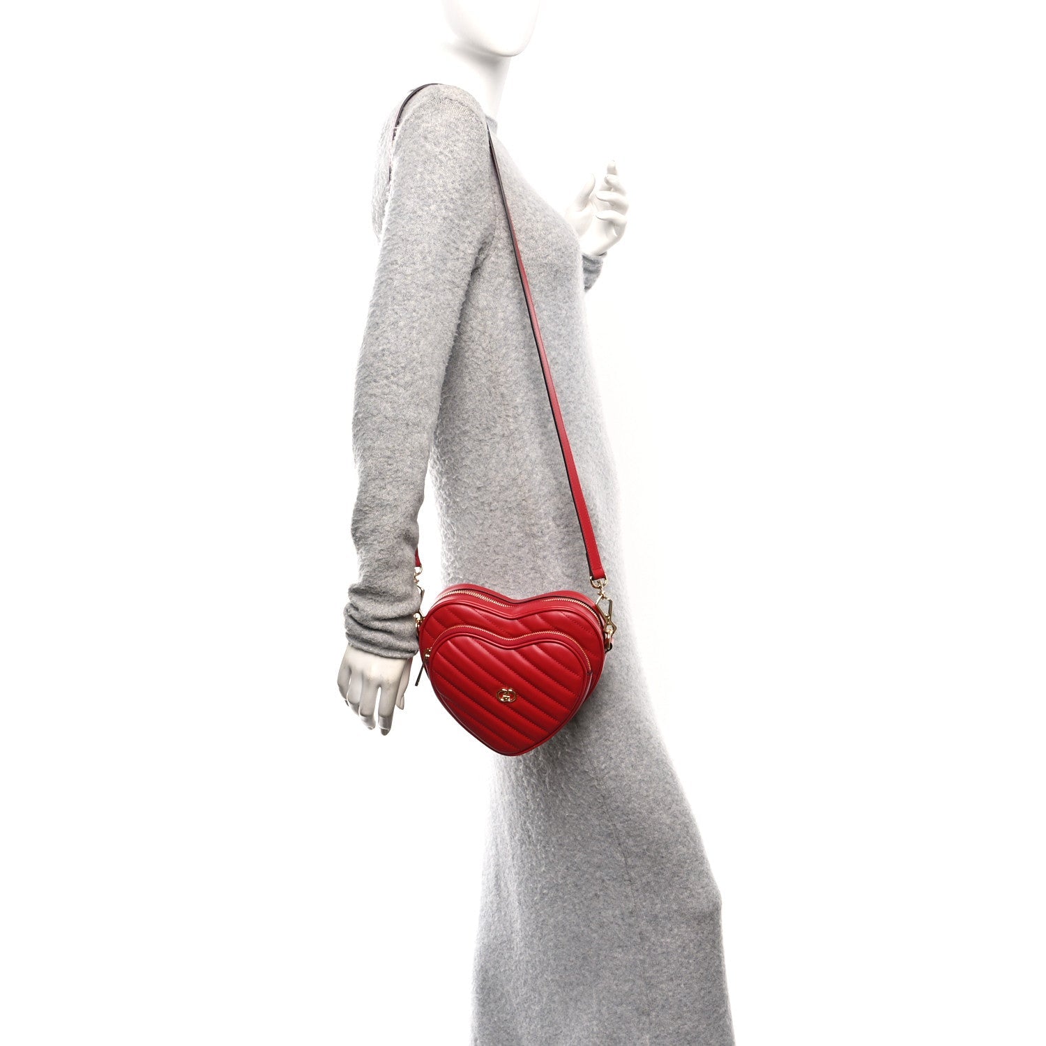 Gucci Calfskin Matelasse Diagonal Mini Interlocking G Heart Shoulder Bag Hibiscus Red