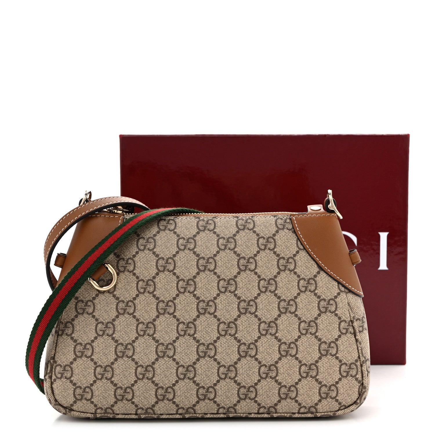 Gucci GG Supreme Monogram Textured Calfskin Small Emblem Shoulder Bag Beige Dark Brown