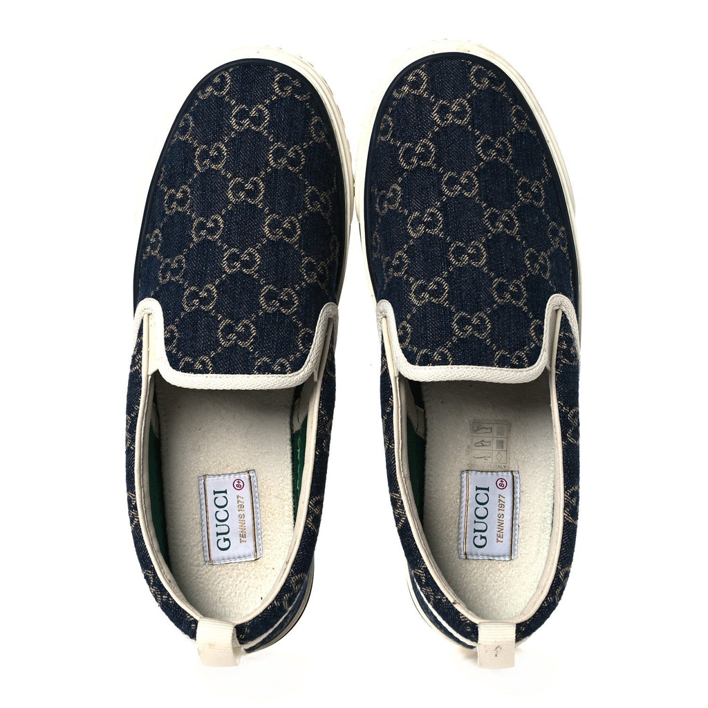 Gucci New Denim GG Monogram Mens 1977 Tennis Slip On Sneakers 8.5 Blue Tea Mystic White