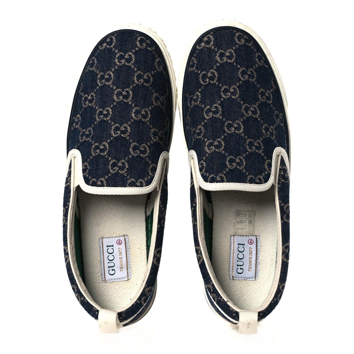 Gucci New Denim GG Monogram Mens 1977 Tennis Slip On Sneakers 8.5 Blue Tea Mystic White