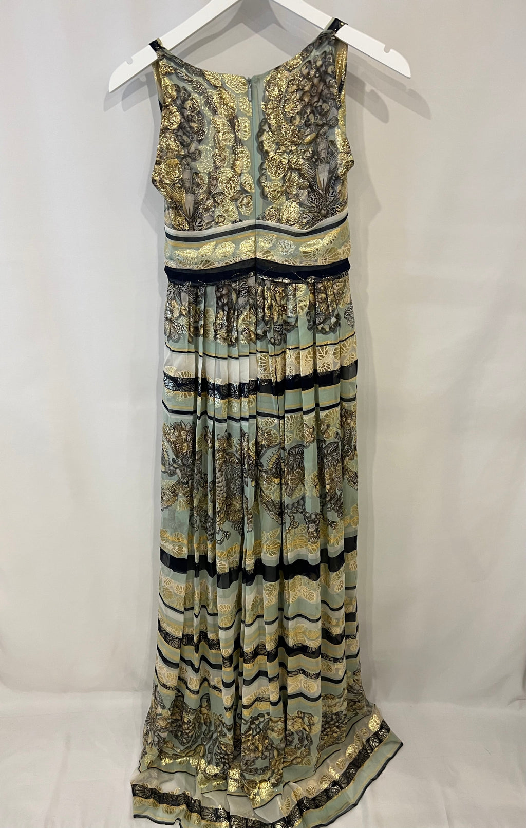 Gucci Pastel Green Printed Long Silk Dress with Gold Embellishments Size IT 38 (UK 6)