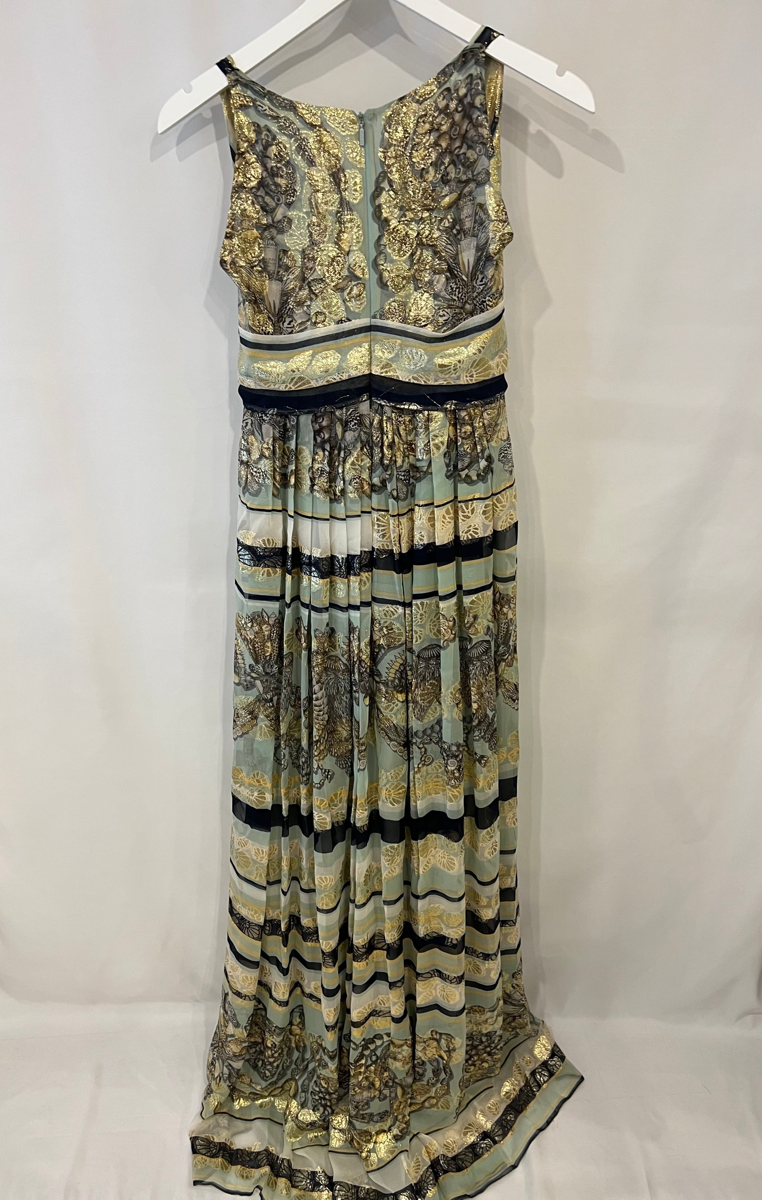 Gucci Pastel Green Printed Long Silk Dress with Gold Embellishments Size IT 38 (UK 6)