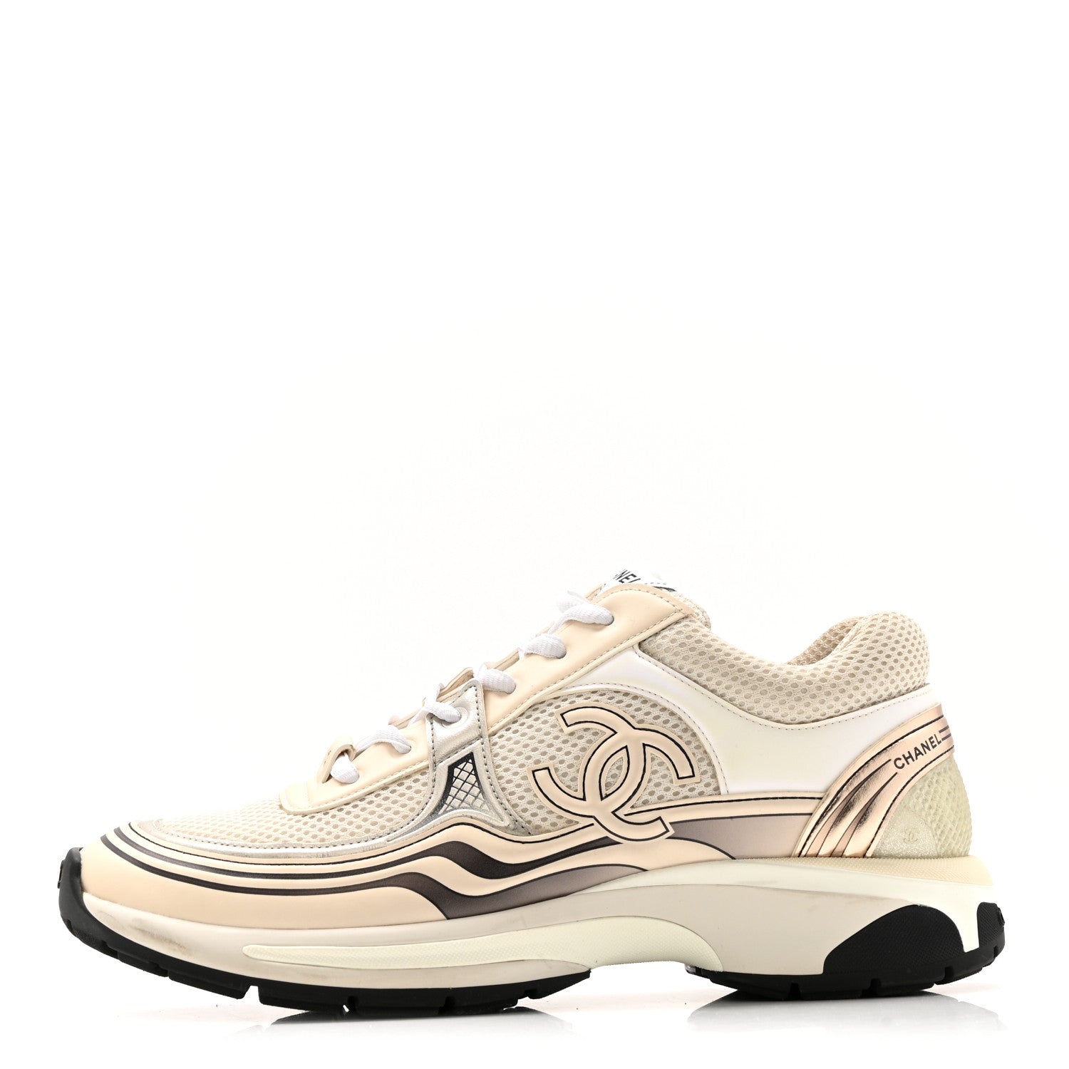 Fabric Laminated Calfskin Stretch CC Sneakers 37 Ivory White Silver