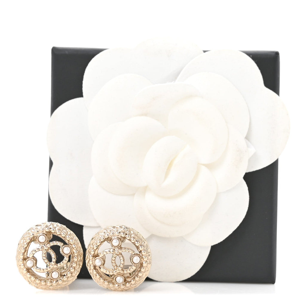 Metal Pearl CC Clip On Earrings Gold