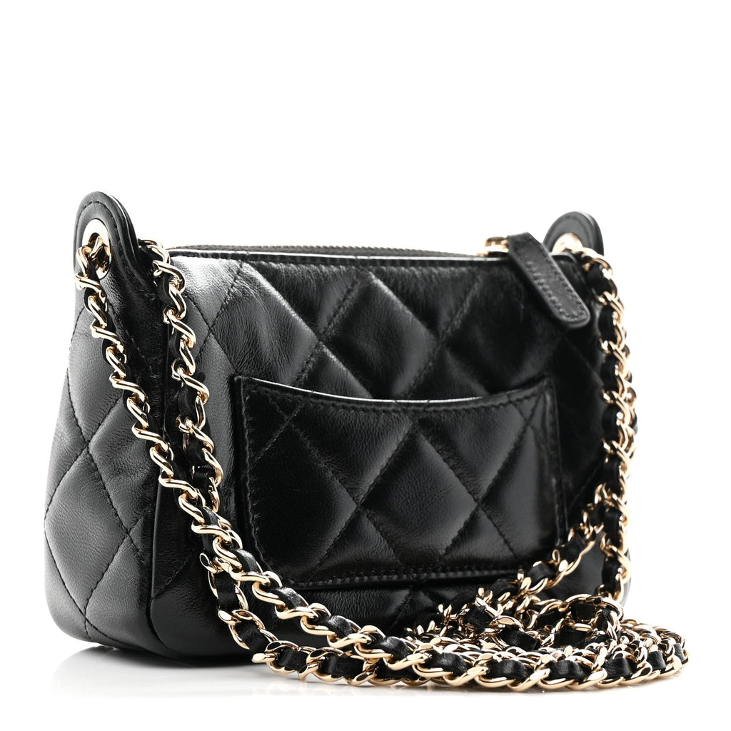 Chanel Shiny Crumpled Lambskin Quilted Mini Clutch With Chain Black