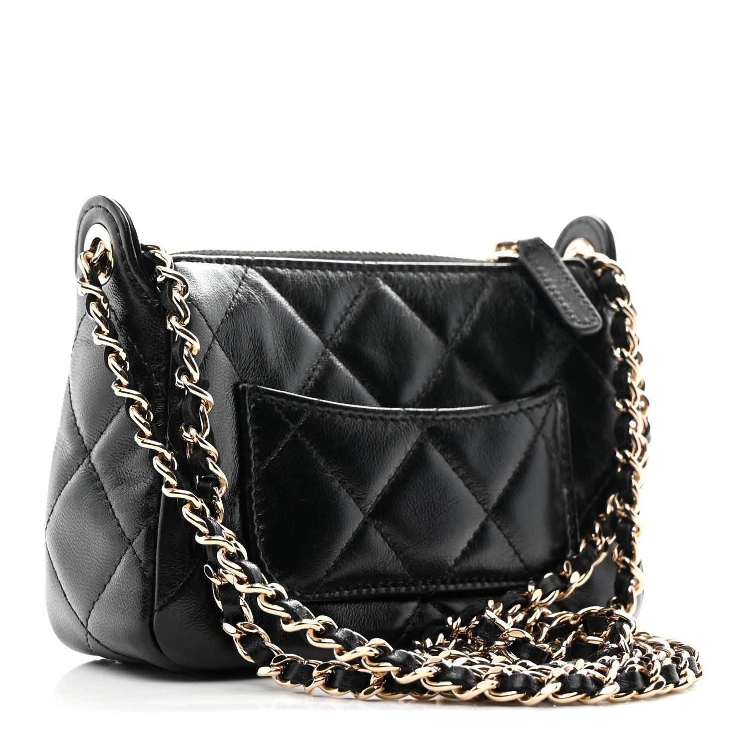 Chanel Shiny Crumpled Lambskin Quilted Mini Clutch With Chain Black