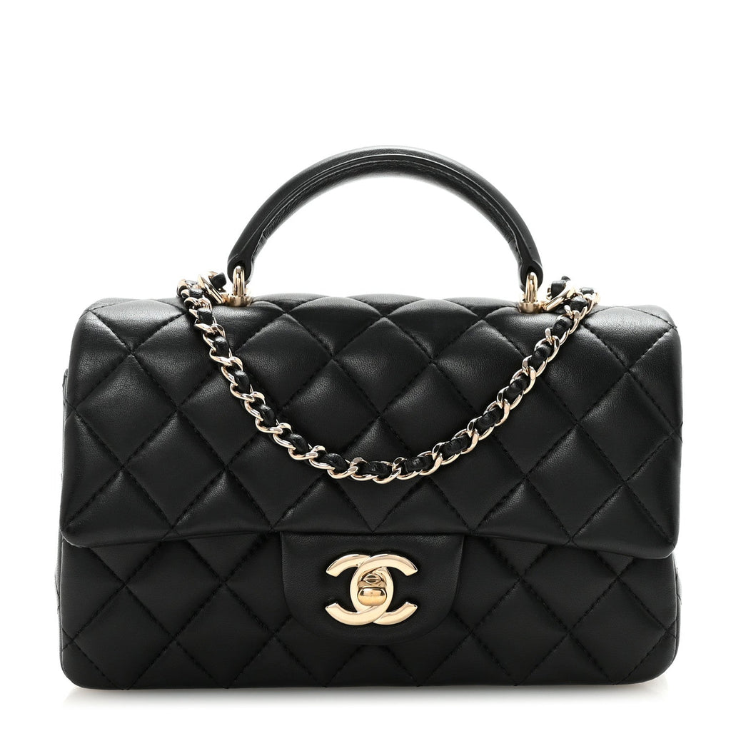 Chanel Lambskin Quilted Mini Top Handle Rectangular Flap Black