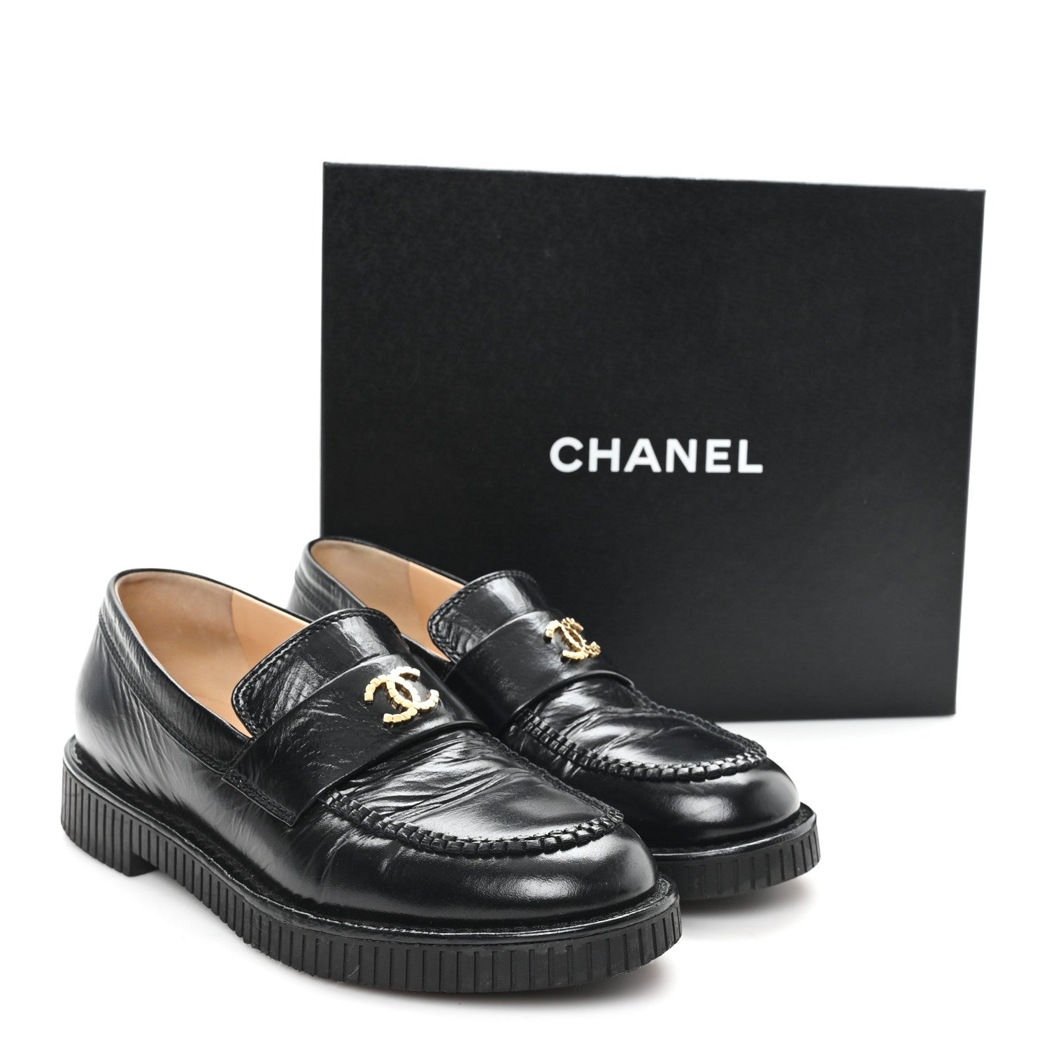 Chanel Shiny Crumpled Calfskin CC Mocassin Loafers 38.5 Black