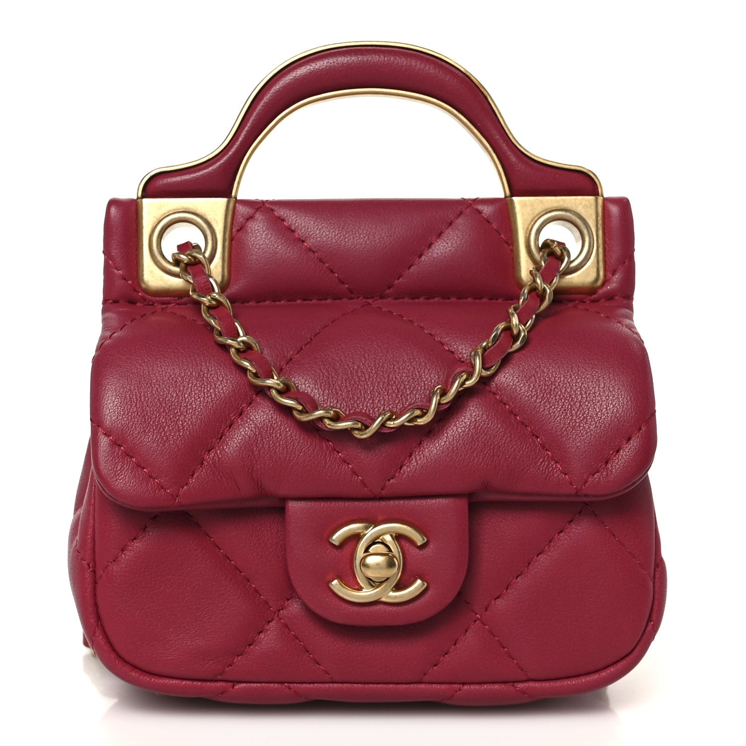 Chanel Calfskin Quilted Lady Handle Flap Card Holder With Chain Dark Pink