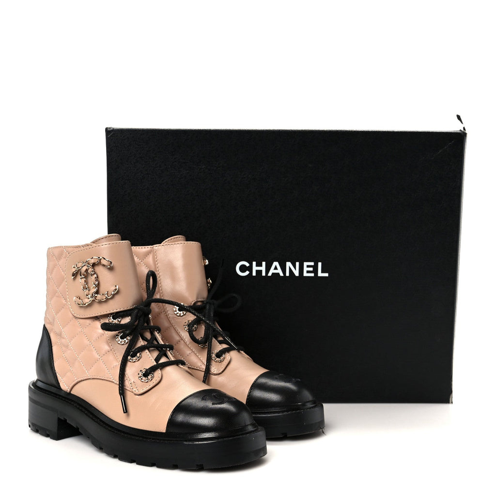 Chanel Shiny Lambskin Quilted Lace Up Combat Boots 36 Beige Black