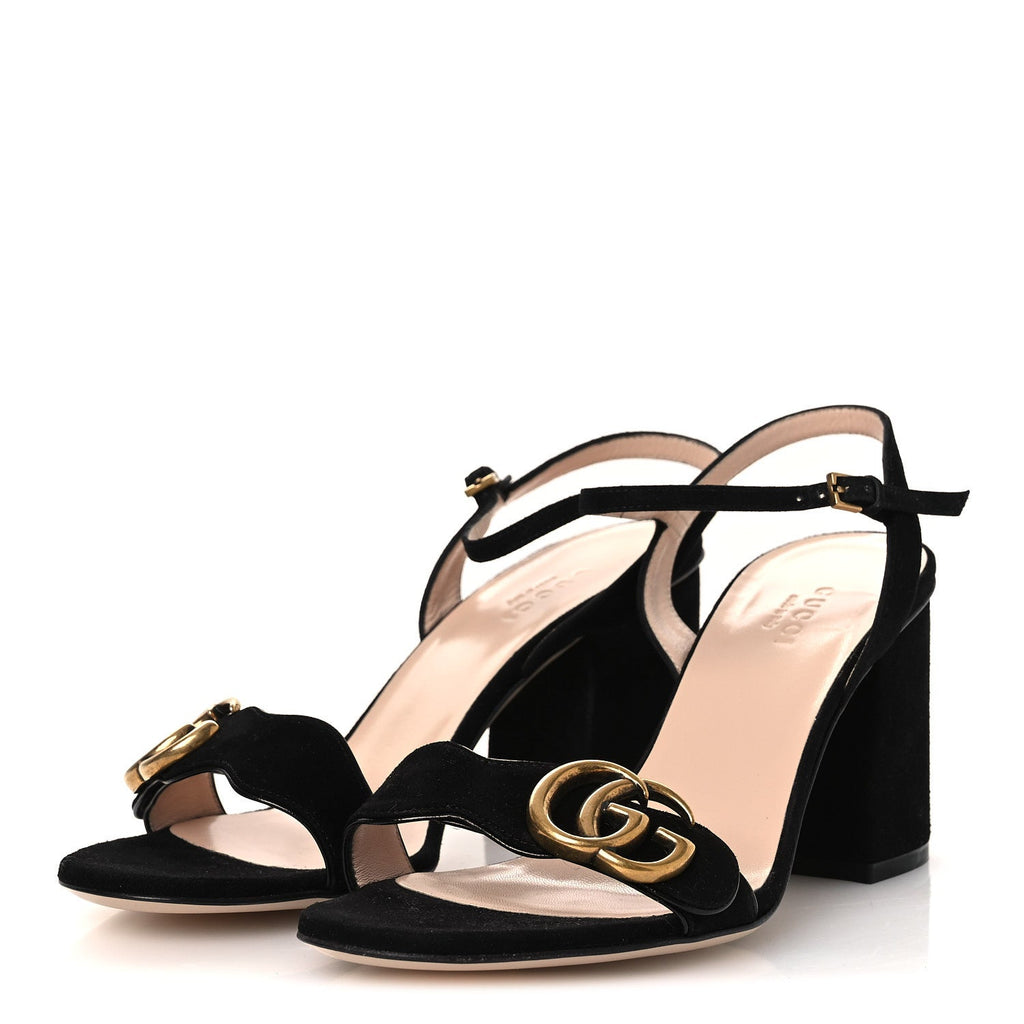 Gucci Kid Scamosciato GG Marmont Ankle Wrap 75mm Sandals 37 Black