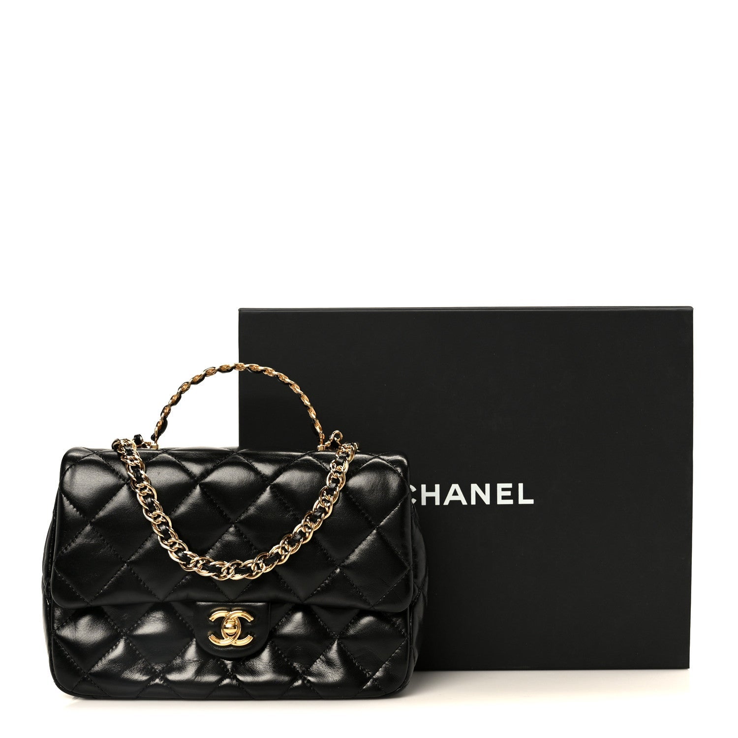 Chanel Shiny Lambskin Quilted Golden Links Top Handle Flap Black