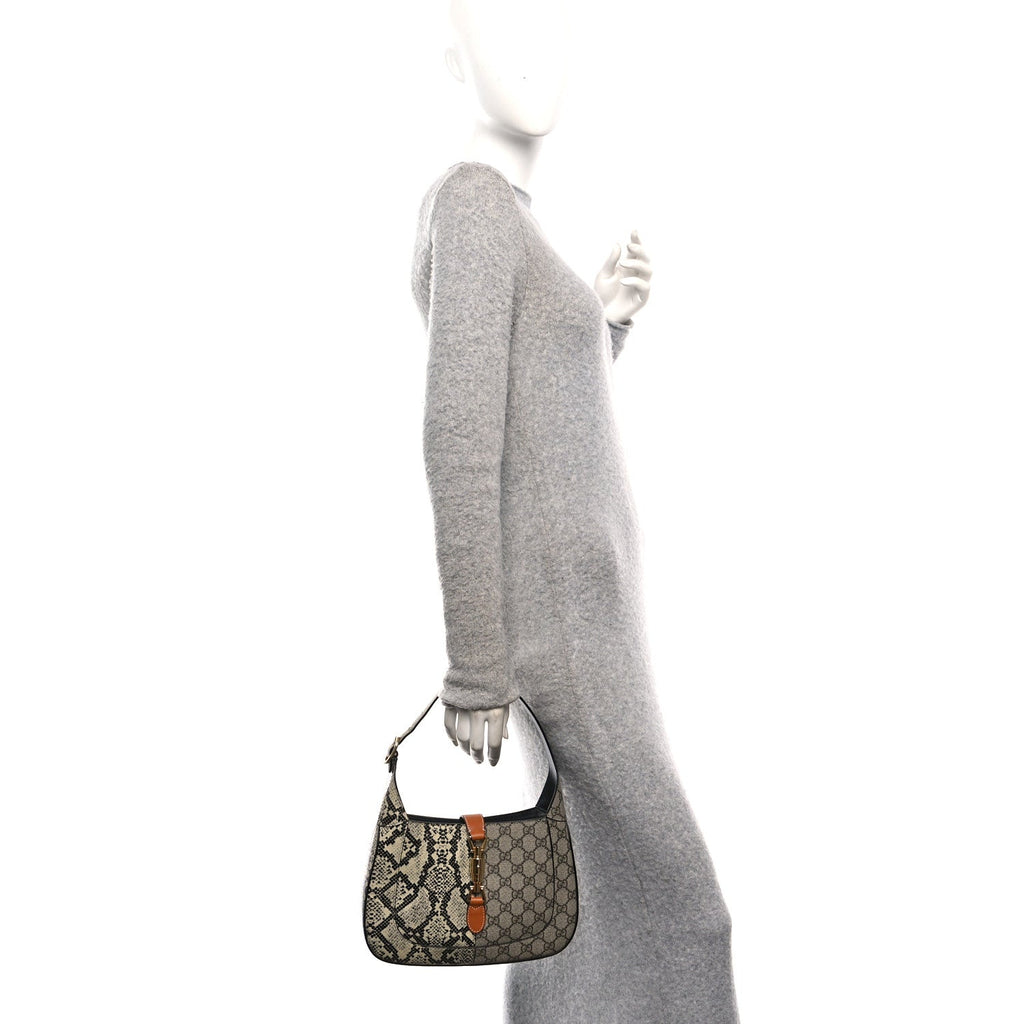 Gucci GG Supreme Monogram Snakeskin Small Jackie 1961 Hobo Beige Ebony