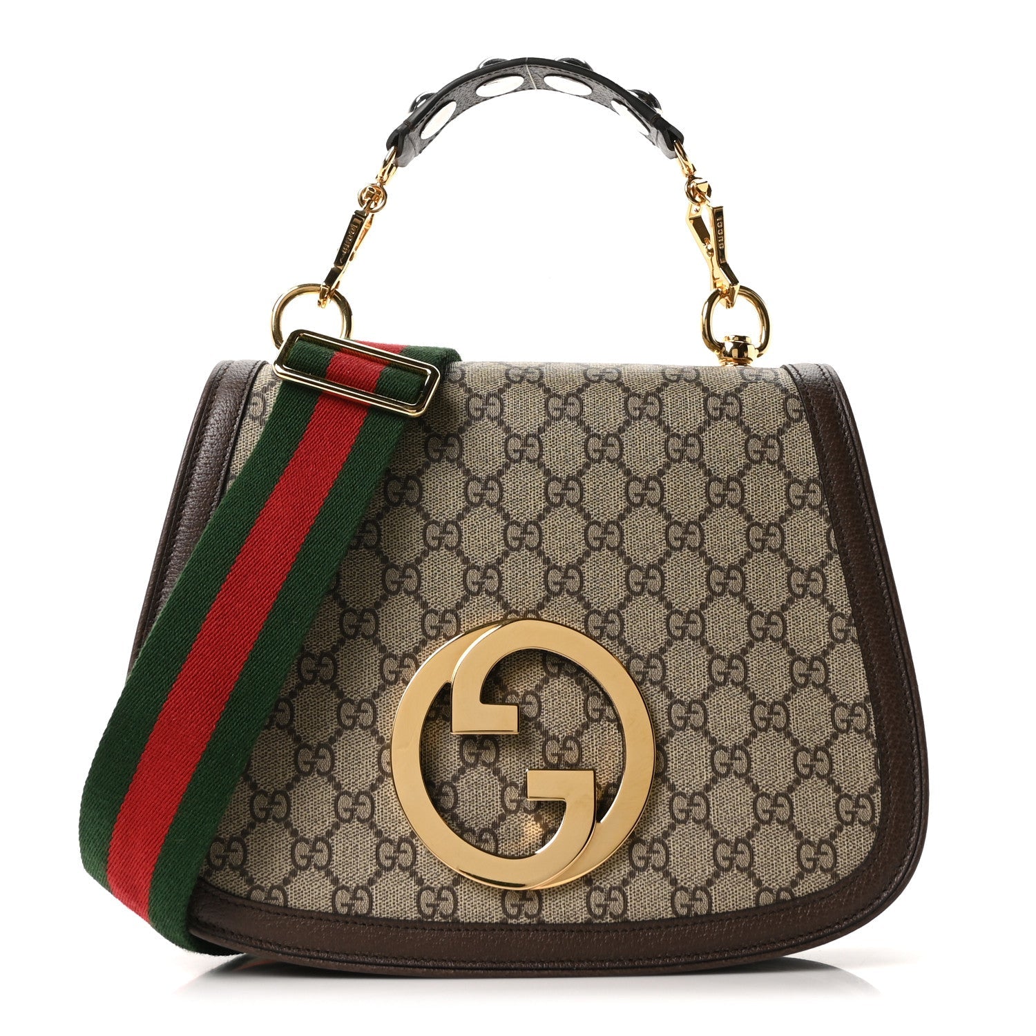 Gucci GG Supreme Monogram Textured Dollar Calfskin Web Medium Blondie Shoulder Flap Bag Beige Ebony New Acero