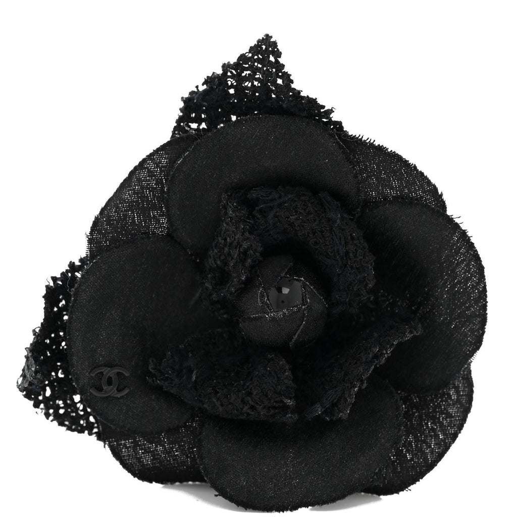 Chanel Tweed Fabric Camellia Pin Brooch Black