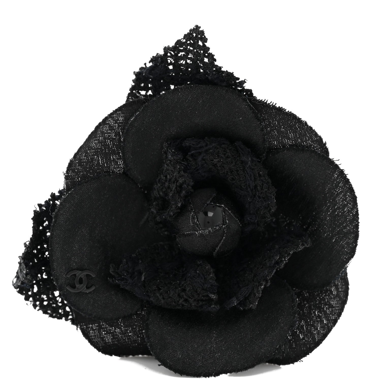 Chanel Tweed Fabric Camellia Pin Brooch Black