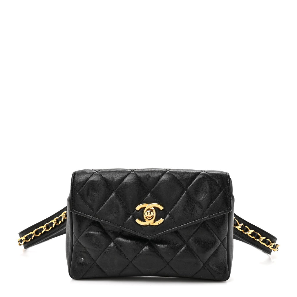 Lambskin Quilted Flap Waist Belt Bag 75 30 Black