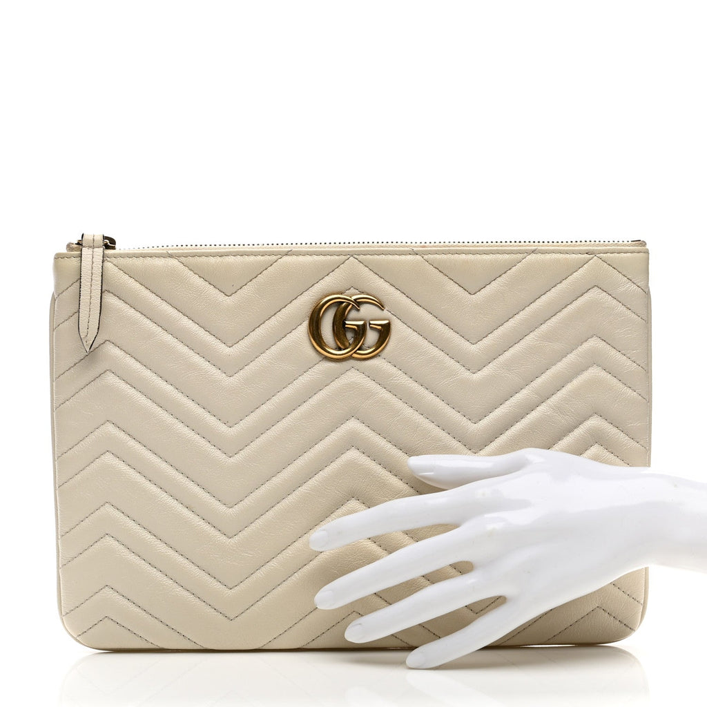 Gucci Calfskin Matelasse Chevron Heart GG Marmont Clutch Mystic White