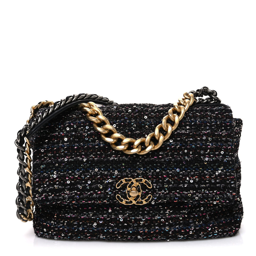 Chanel Tweed Sequin Quilted Medium Chanel 19 Flap Black Multicolor