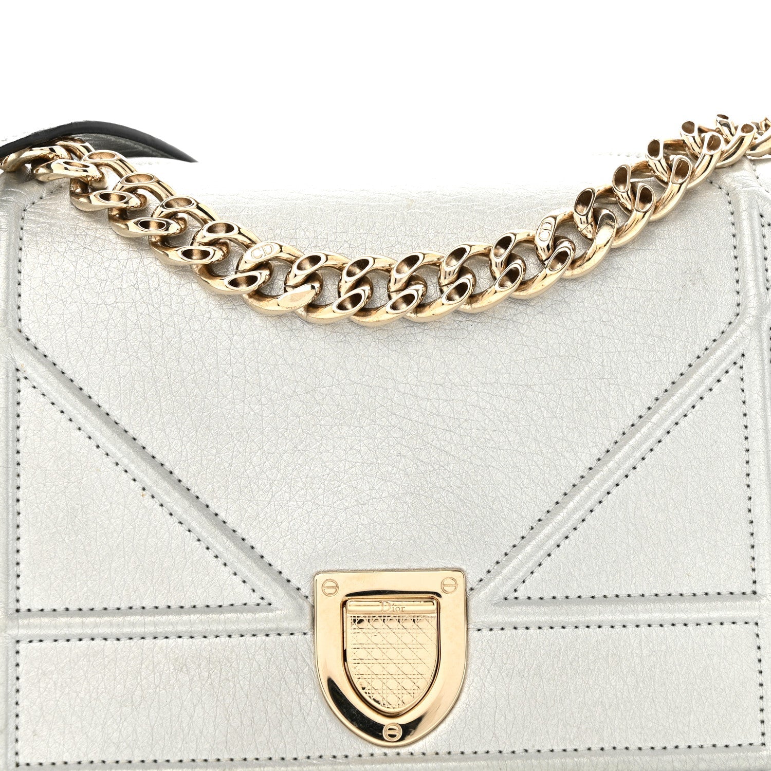 Christian Dior Metallic Grained Calfskin Diorama Wallet on Chain Pouch Silver