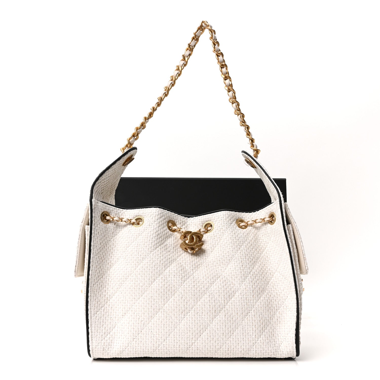 Chanel Braided Raffia Calfskin Quilted Small Chanel 25 Handbag White Black