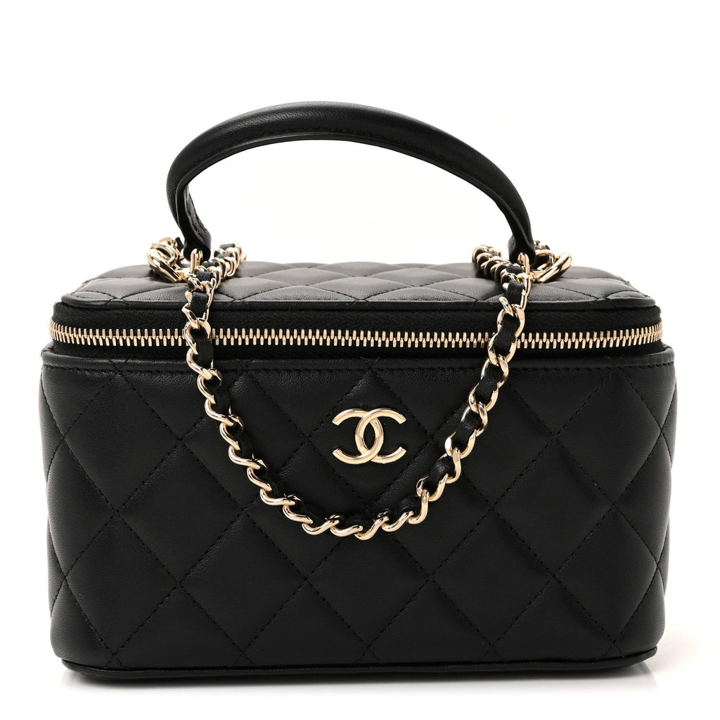 Chanel Lambskin Quilted Small Top Handle Vanity Case With Chain Black