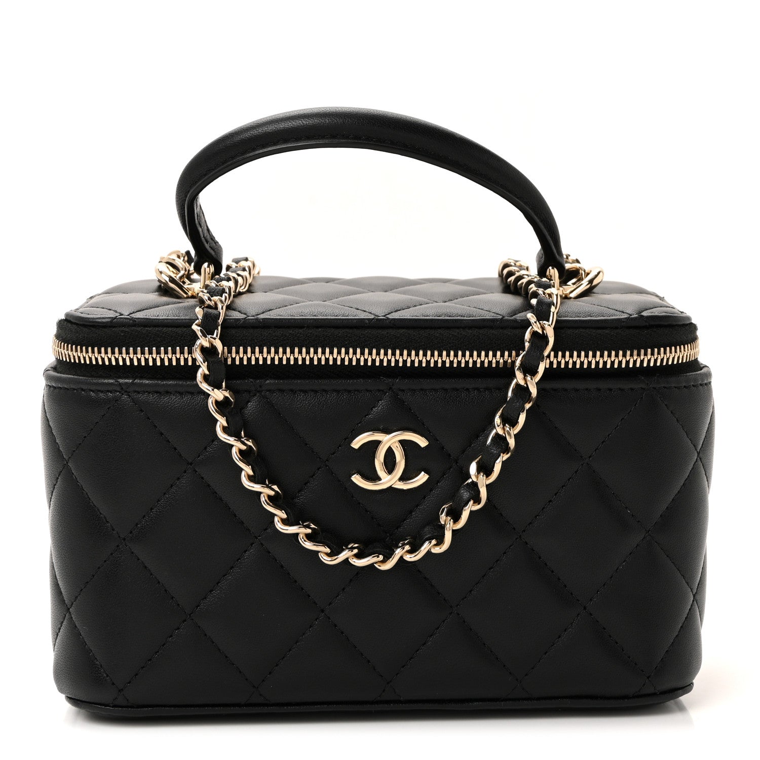 Chanel Lambskin Quilted Small Top Handle Vanity Case With Chain Black
