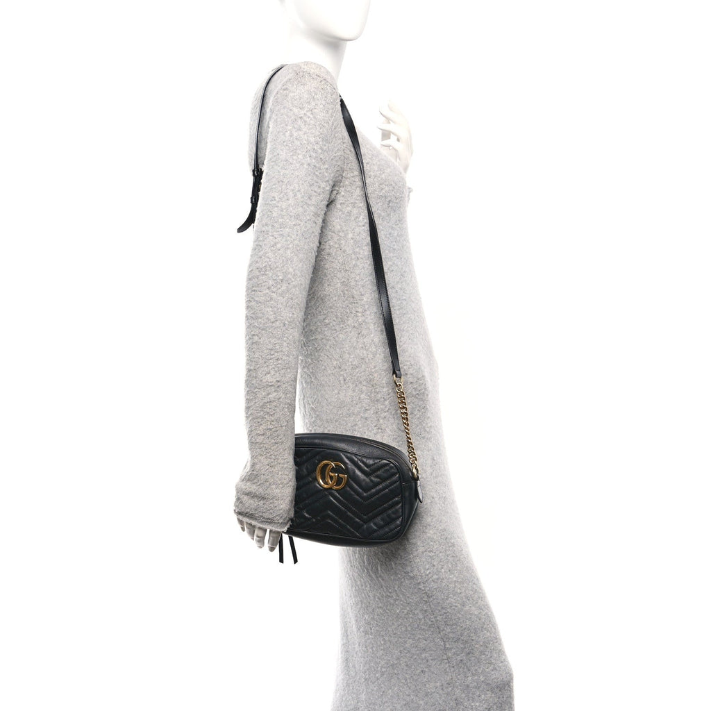 Gucci Calfskin Matelasse Small GG Marmont Chain Shoulder Bag Black
