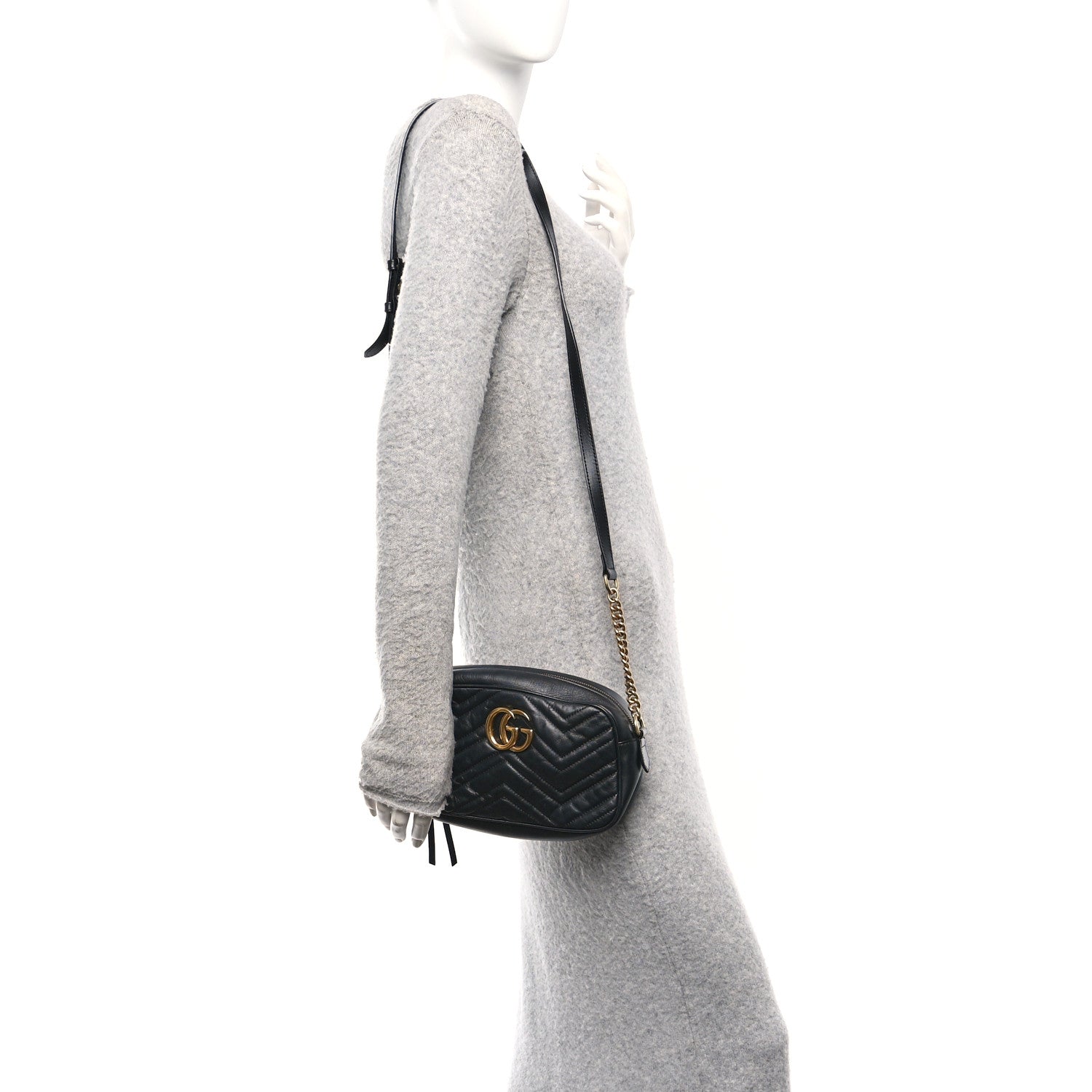 Gucci Calfskin Matelasse Small GG Marmont Chain Shoulder Bag Black