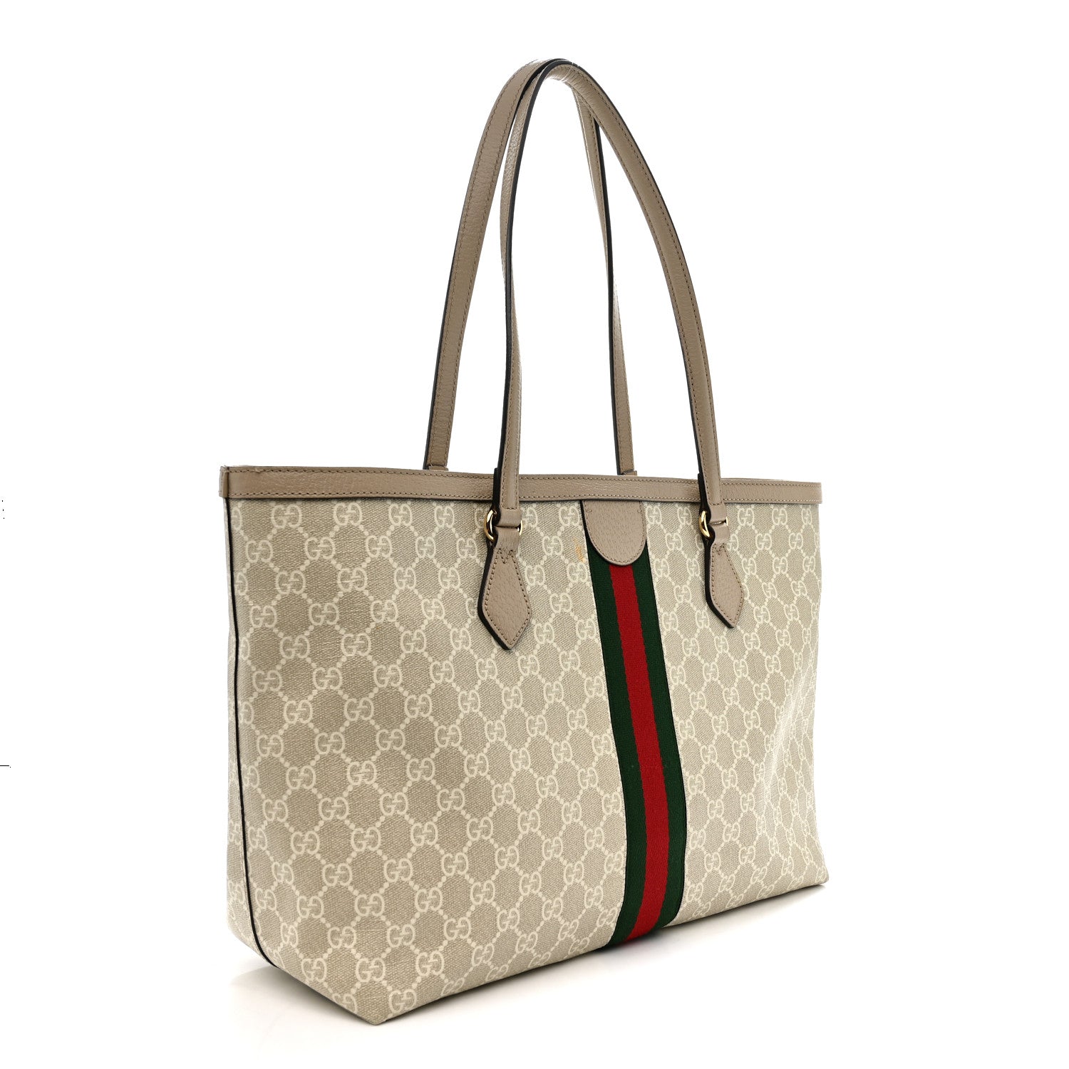 Gucci GG Supreme Monogram Textured Dollar Calfskin Web Medium Ophidia Shopping Tote Beige Mystic White Oatmeal