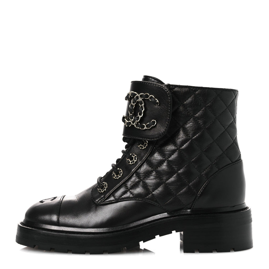 Chanel Shiny Lambskin Quilted Lace Up Combat Boots 37 Black