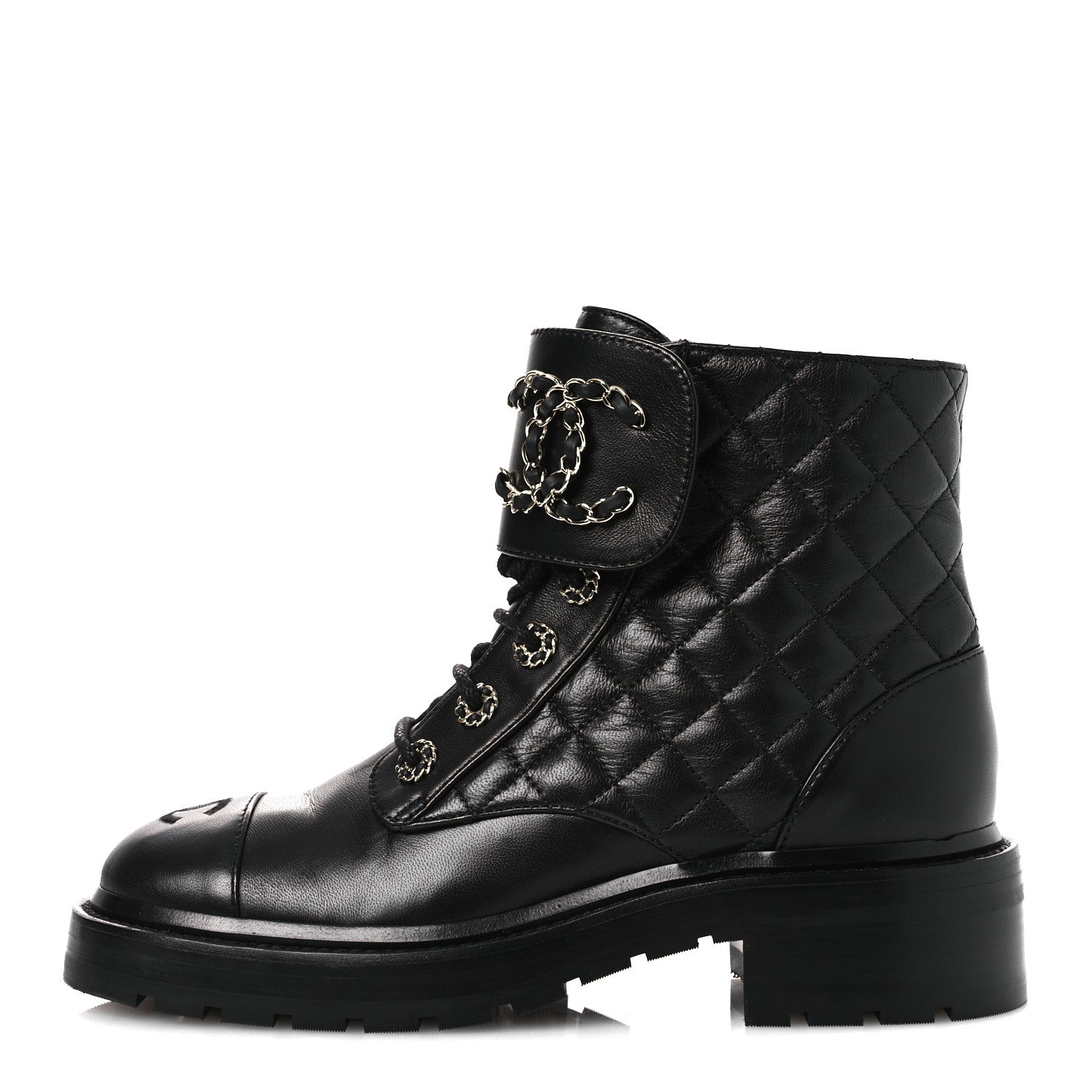 Chanel Shiny Lambskin Quilted Lace Up Combat Boots 37 Black