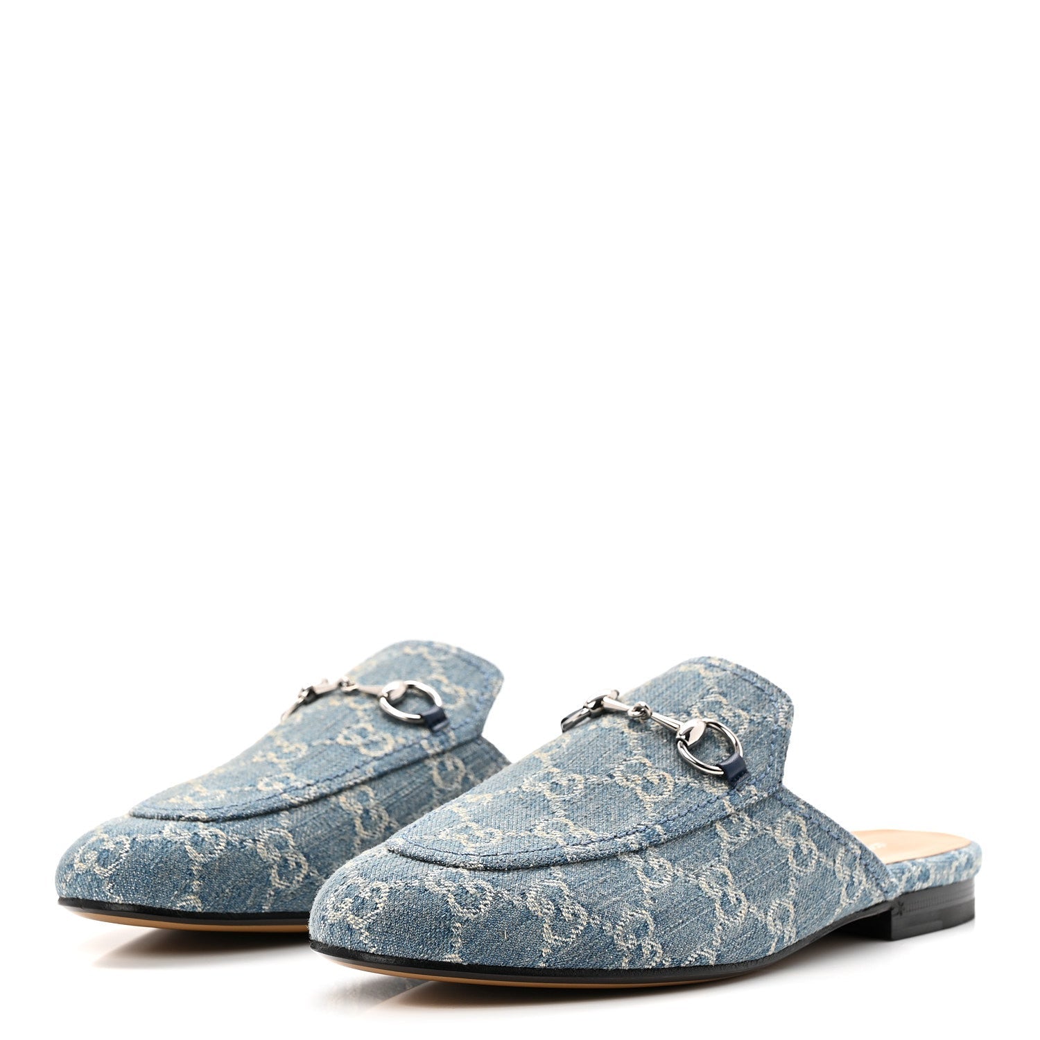 Gucci New Denim GG Malaga Kid Womens Princetown Slippers 37.5 Light Blue Royale