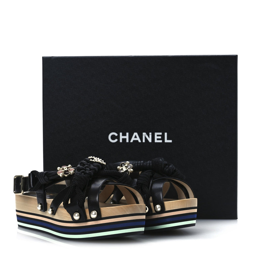 Calfskin Cord Pearl CC Sandals 38 Black