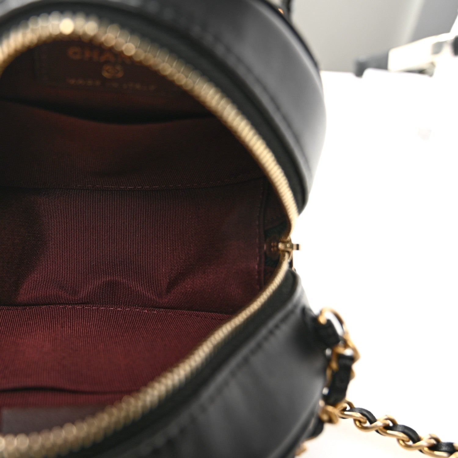 Chanel Lambskin Quilted Round Clutch With Chain Black