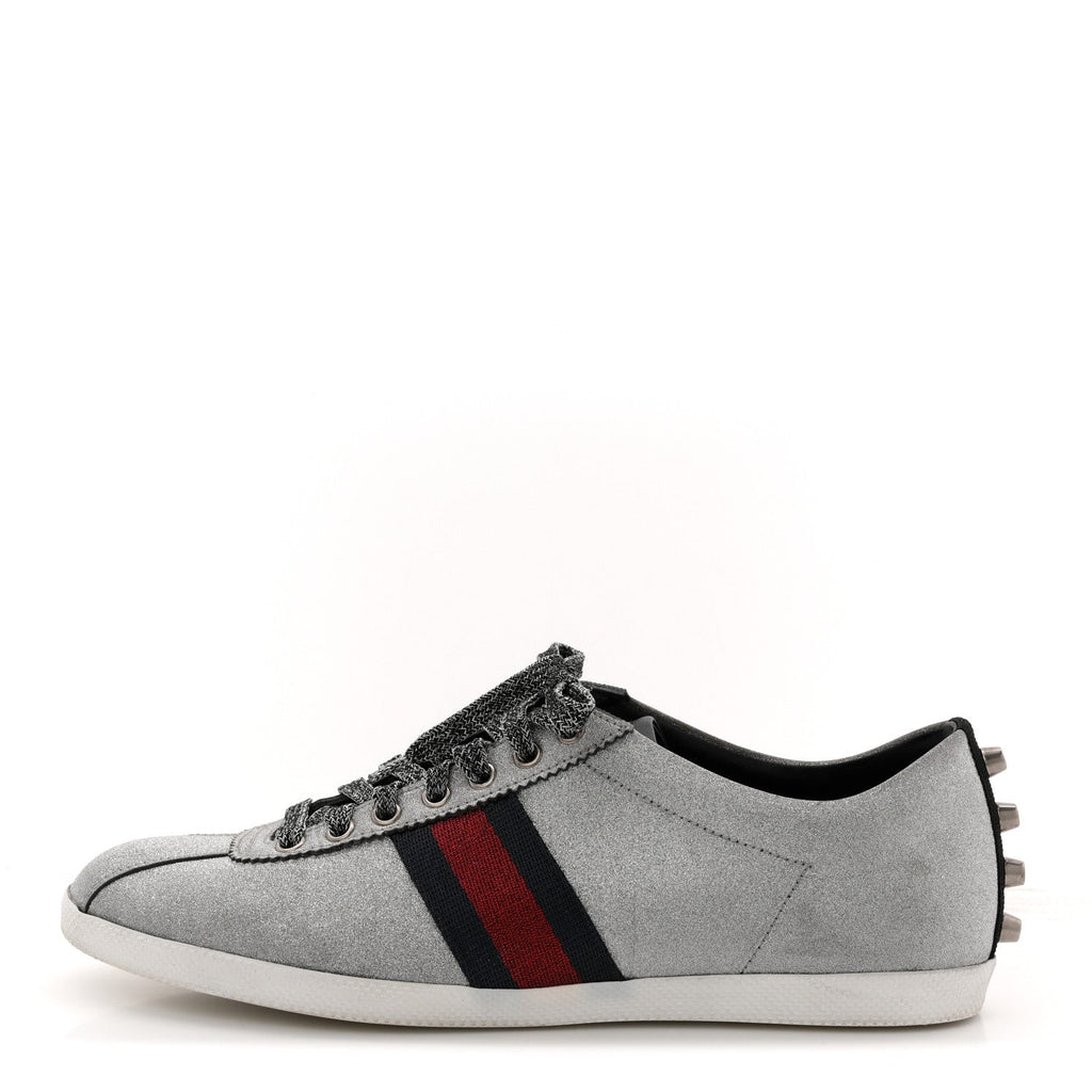 Gucci Glitter Fabric Studded Web Mens Sneakers 9 Silver