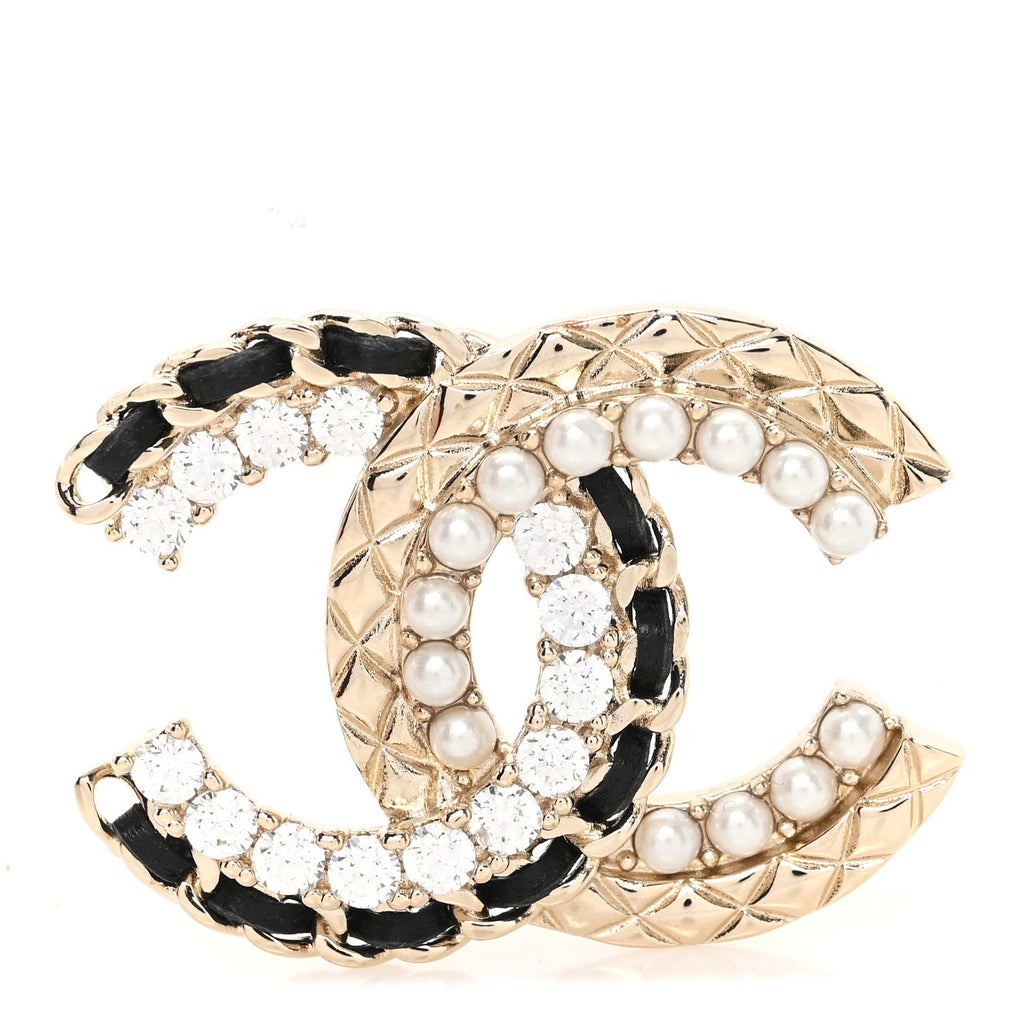 Lambskin Pearl Crystal Quilted CC Brooch Golden Pearly White Black
