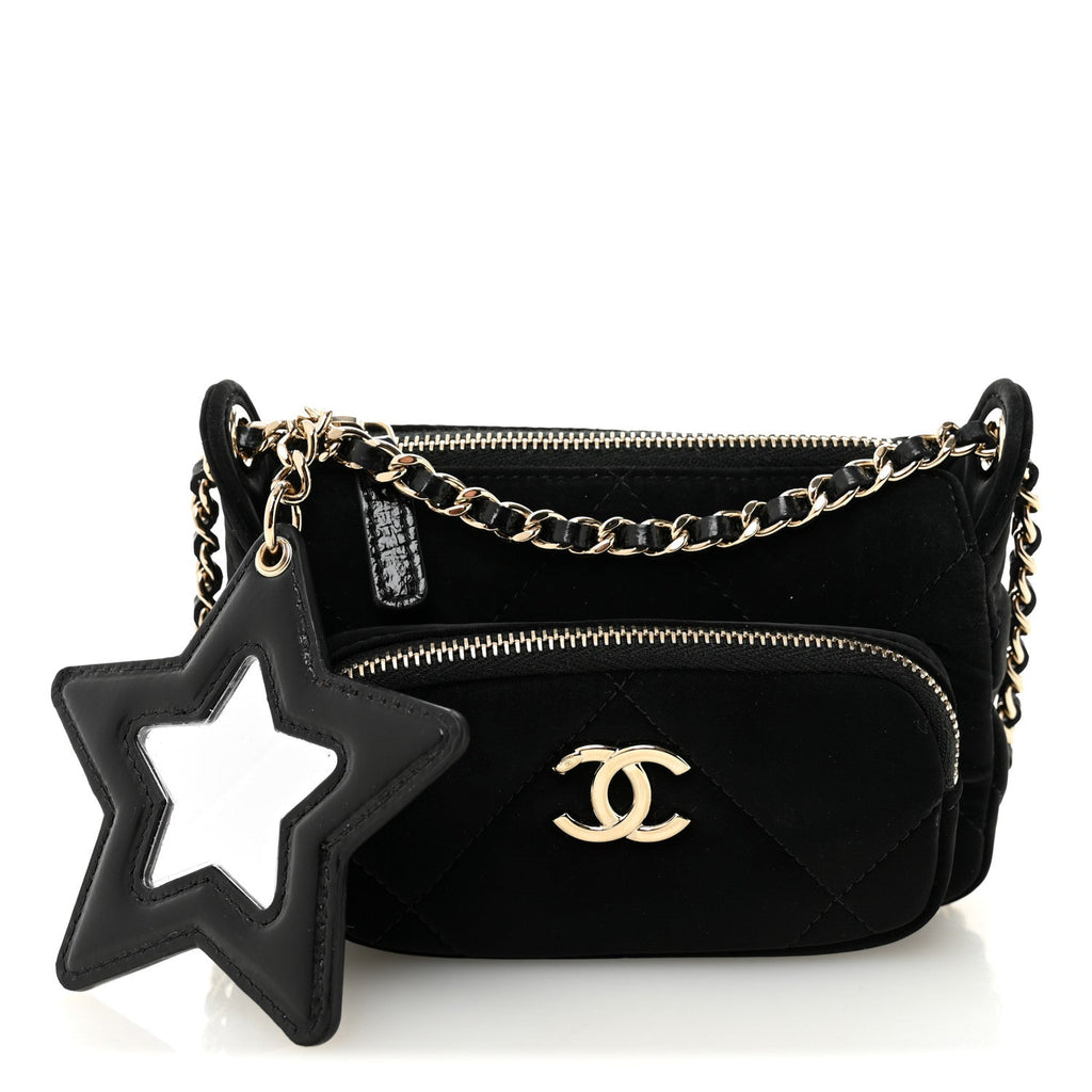 Chanel Velvet Effect Nylon Shiny Crumpled Calfskin Mini Quilted Chanel 25 Clutch With Chain Black